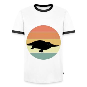Retro platypus t-shirt - Men's Ringer Shirt - white/black - Front - AI Model Female 172 light (172cm) & AI Model Male 178 dark (178cm)