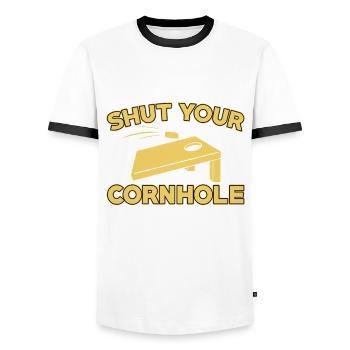 Schliesse Dein Cornhole - Männer Kontrast-T-Shirt - Weiß/Schwarz - Vorne - AI Model Female 172 light (172cm) & AI Model Male 178 dark (178cm)