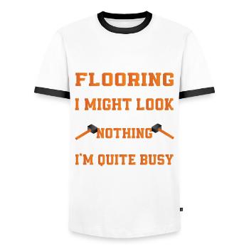 Funny floor layer saying - Men's Ringer Shirt - white/black - Front - AI Model Female 172 light (172cm) & AI Model Male 178 dark (178cm)