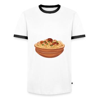Funny Nasi Goreng T-shirt - Men's Ringer Shirt - white/black - Front - AI Model Female 172 light (172cm) & AI Model Male 178 dark (178cm)