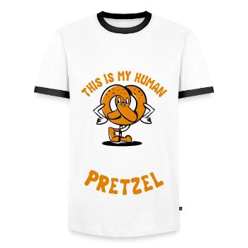Menschliches Brezel Kostüm - Männer Kontrast-T-Shirt - Weiß/Schwarz - Vorne - AI Model Female 172 light (172cm) & AI Model Male 178 dark (178cm)