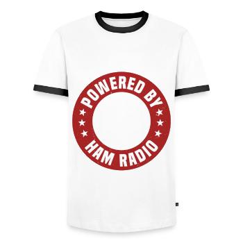 Powered by amateur radio - Men's Ringer Shirt - white/black - Front - AI Model Female 172 light (172cm) & AI Model Male 178 dark (178cm)