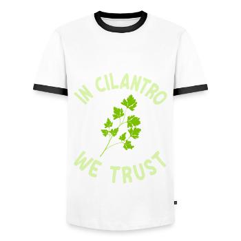 We trust in coriander - Men's Ringer Shirt - white/black - Front - AI Model Female 172 light (172cm) & AI Model Male 178 dark (178cm)