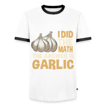 Blague sur l’ail - T-shirt contrasté Homme - blanc/noir - Devant - AI Model Female 172 light (172cm) & AI Model Male 178 dark (178cm)