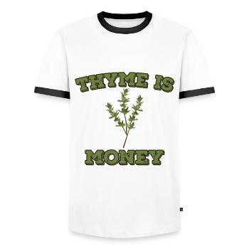 Thyme is money - Men's Ringer Shirt - white/black - Front - AI Model Female 172 light (172cm) & AI Model Male 178 dark (178cm)