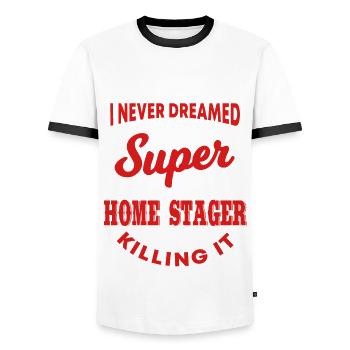 Home Stager Outfit - Männer Kontrast-T-Shirt - Weiß/Schwarz - Vorne - AI Model Female 172 light (172cm) & AI Model Male 178 dark (178cm)
