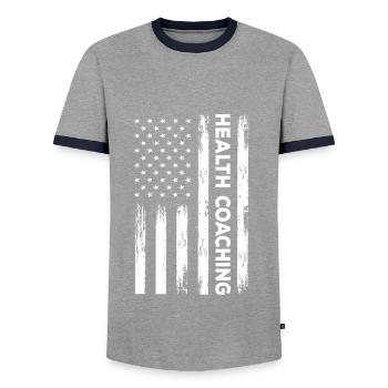 American Health Coaching USA Flag - Men's Ringer Shirt - grey/navy  - Front - AI Model Female 172 light (172cm) & AI Model Male 178 light (178cm)