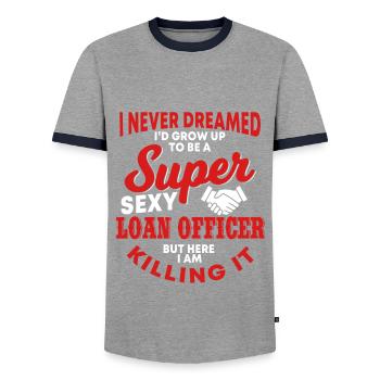 Funny loan officer saying - Men's Ringer Shirt - grey/navy  - Front - AI Model Female 172 light (172cm) & AI Model Male 178 light (178cm)