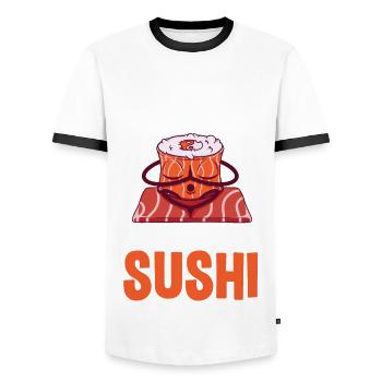 Lustiges Yoga Sushi Design - Männer Kontrast-T-Shirt - Weiß/Schwarz - Vorne - AI Model Female 172 light (172cm) & AI Model Male 178 dark (178cm)