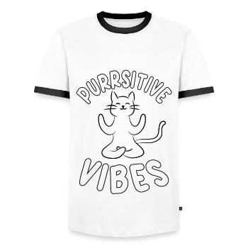Funny Purring Vibes Yoga Cat - Men's Ringer Shirt - white/black - Front - AI Model Female 172 light (172cm) & AI Model Male 178 dark (178cm)