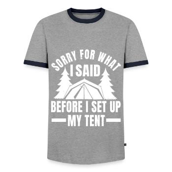 Fun camping t-shirt - Men's Ringer Shirt - grey/navy  - Front - AI Model Female 172 light (172cm) & AI Model Male 178 light (178cm)