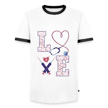 Retro Ferry Clothing Container Ship - Men's Ringer Shirt - white/black - Front - AI Model Female 172 light (172cm) & AI Model Male 178 dark (178cm)