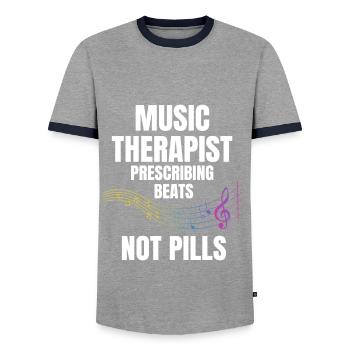 Music Therapists Saying - Men's Ringer Shirt - grey/navy  - Front - AI Model Female 172 light (172cm) & AI Model Male 178 light (178cm)