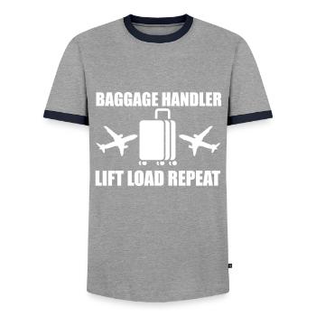Funny baggage handler design - Men's Ringer Shirt - grey/navy  - Front - AI Model Female 172 light (172cm) & AI Model Male 178 light (178cm)