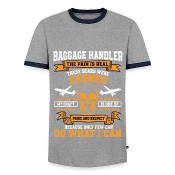 Baggage handler - Men's Ringer Shirt - grey/navy  - Front - AI Model Female 172 light (172cm) & AI Model Male 178 light (178cm)