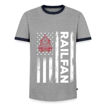 USA FAhne Eisenbahn Fan Amerika - Männer Kontrast-T-Shirt - Grau/Navy  - Vorne - AI Model Female 172 light (172cm) & AI Model Male 178 light (178cm)