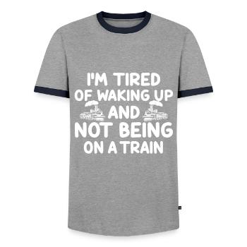 Amoureux du train et de l’Einsenbahn - T-shirt contrasté Homme - gris/marine  - Devant - AI Model Female 172 light (172cm) & AI Model Male 178 light (178cm)