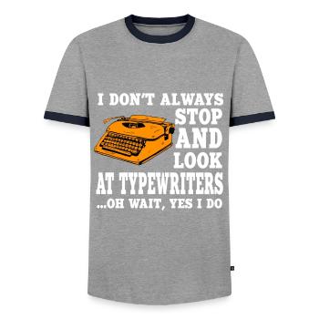 Typewriter Enthusiast - Men's Ringer Shirt - grey/navy  - Front - AI Model Female 172 light (172cm) & AI Model Male 178 light (178cm)