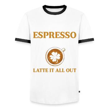 Lustiger Kaffee Latte Espresso Wortspiel - Männer Kontrast-T-Shirt - Weiß/Schwarz - Vorne - AI Model Female 172 light (172cm) & AI Model Male 178 dark (178cm)