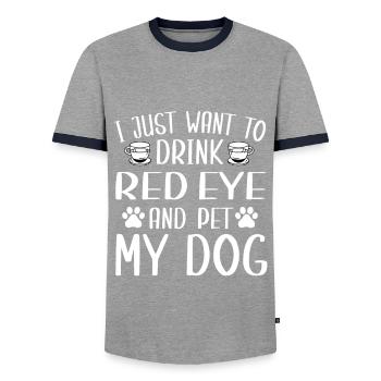 Red Eye Coffee and Dogs - Men's Ringer Shirt - grey/navy  - Front - AI Model Female 172 light (172cm) & AI Model Male 178 light (178cm)