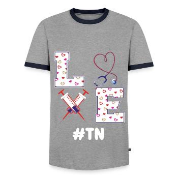 Temporary Work Care Outfit Valentine's Day - Men's Ringer Shirt - grey/navy  - Front - AI Model Female 172 light (172cm) & AI Model Male 178 light (178cm)