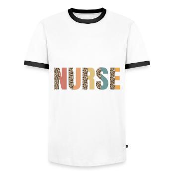 Infusion infirmière imprimé léopard - T-shirt contrasté Homme - blanc/noir - Devant - AI Model Female 172 light (172cm) & AI Model Male 178 dark (178cm)
