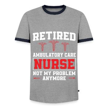 Retired ambulatory nurse - Men's Ringer Shirt - grey/navy  - Front - AI Model Female 172 light (172cm) & AI Model Male 178 light (178cm)
