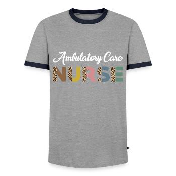 Ambulatory Nurse Leopard Print - Men's Ringer Shirt - grey/navy  - Front - AI Model Female 172 light (172cm) & AI Model Male 178 light (178cm)