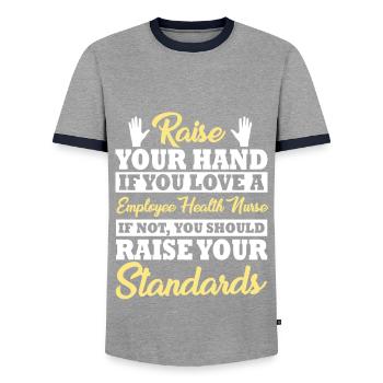 Betriebskrankenschwester Spruch - Männer Kontrast-T-Shirt - Grau/Navy  - Vorne - AI Model Female 172 light (172cm) & AI Model Male 178 light (178cm)
