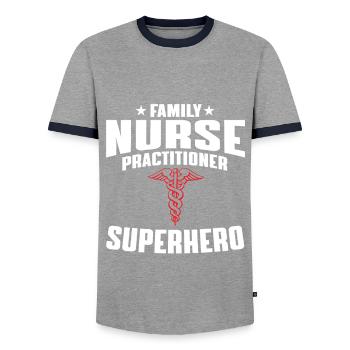 Infirmière familiale super-héroïne - T-shirt contrasté Homme - gris/marine  - Devant - AI Model Female 172 light (172cm) & AI Model Male 178 light (178cm)