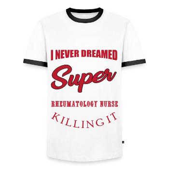 Funny Rheumatology Nurse Outfit - Men's Ringer Shirt - white/black - Front - AI Model Female 172 light (172cm) & AI Model Male 178 dark (178cm)