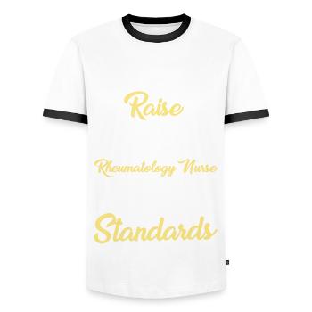 Funny Rheumatology Nurse Shirt - Men's Ringer Shirt - white/black - Front - AI Model Female 172 light (172cm) & AI Model Male 178 dark (178cm)