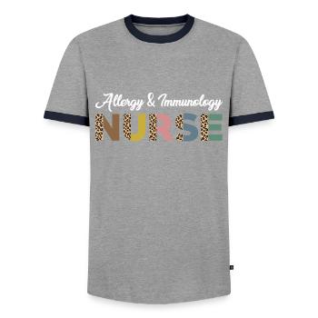 Allergy and Immunology Nurse - Men's Ringer Shirt - grey/navy  - Front - AI Model Female 172 light (172cm) & AI Model Male 178 light (178cm)