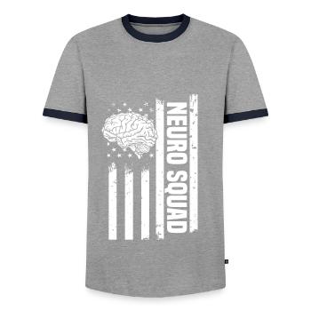 USA Neuro Squad Neurology Nurse - Men's Ringer Shirt - grey/navy  - Front - AI Model Female 172 light (172cm) & AI Model Male 178 light (178cm)