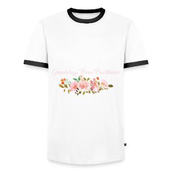 Retired Gerontology Nurse - Men's Ringer Shirt - white/black - Front - AI Model Female 172 light (172cm) & AI Model Male 178 dark (178cm)