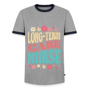Long Term Care Nurse Flower Outfit - Men's Ringer Shirt - grey/navy  - Front - AI Model Female 172 light (172cm) & AI Model Male 178 light (178cm)
