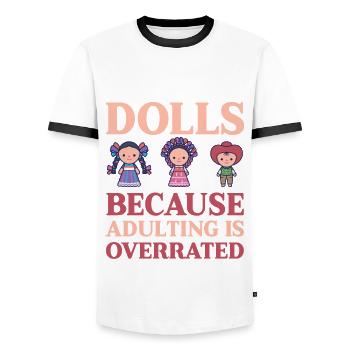 Funny Cute Doll Collectible Antique Dolls - Men's Ringer Shirt - white/black - Front - AI Model Female 172 light (172cm) & AI Model Male 178 dark (178cm)