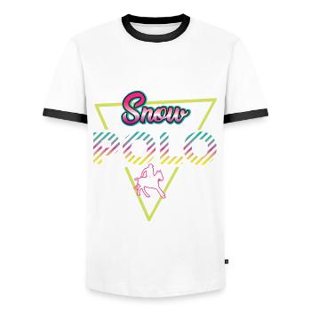 Tenue de polo de neige rétro des années 80 - T-shirt contrasté Homme - blanc/noir - Devant - AI Model Female 172 light (172cm) & AI Model Male 178 dark (178cm)