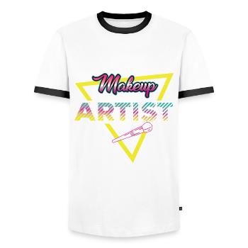 80s Makeup Artist Outfit - Men's Ringer Shirt - white/black - Front - AI Model Female 172 light (172cm) & AI Model Male 178 dark (178cm)
