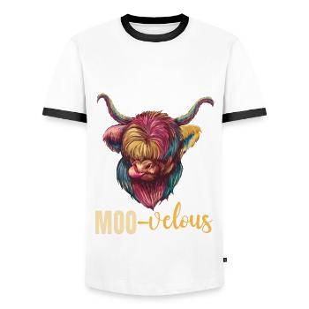 Muh-velous pun Scottish Highland cow - Men's Ringer Shirt - white/black - Front - AI Model Female 172 light (172cm) & AI Model Male 178 dark (178cm)