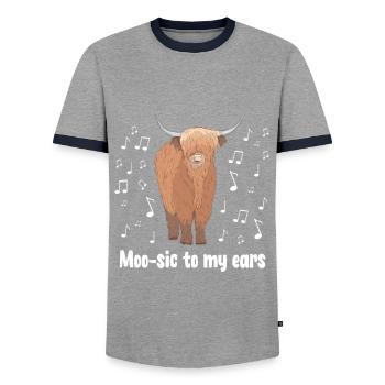 Moo-sic - Music Scottish Highland Cow - Men's Ringer Shirt - grey/navy  - Front - AI Model Female 172 light (172cm) & AI Model Male 178 light (178cm)
