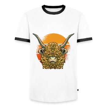 Jeu de mots moelleux Vache écossaise des Highlands - T-shirt contrasté Homme - blanc/noir - Devant - AI Model Female 172 light (172cm) & AI Model Male 178 dark (178cm)