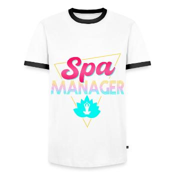 80er Jahre Retro Spa Manager Outfit - Männer Kontrast-T-Shirt - Weiß/Schwarz - Vorne - AI Model Female 172 light (172cm) & AI Model Male 178 dark (178cm)