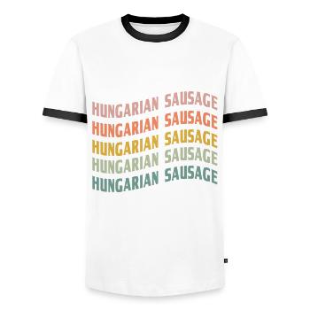 Hungarian Sausage Font - Men's Ringer Shirt - white/black - Front - AI Model Female 172 light (172cm) & AI Model Male 178 dark (178cm)