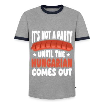 Hungarian Sausage Party Saying - Men's Ringer Shirt - grey/navy  - Front - AI Model Female 172 light (172cm) & AI Model Male 178 light (178cm)