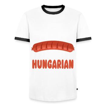 Hungarian Sausage Party Saying - Men's Ringer Shirt - white/black - Front - AI Model Female 172 light (172cm) & AI Model Male 178 dark (178cm)