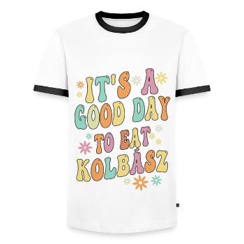 Ungarisches Kolbász Sprichwort - Männer Kontrast-T-Shirt - Weiß/Schwarz - Vorne - AI Model Female 172 light (172cm) & AI Model Male 178 dark (178cm)