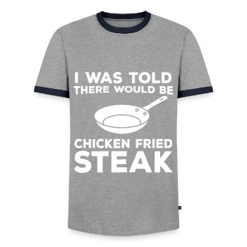 RezeFunny Saying for Fried Chicken Steak - Men's Ringer Shirt - grey/navy  - Front - AI Model Female 172 light (172cm) & AI Model Male 178 light (178cm)