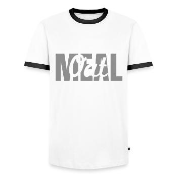 Oatmeal Font Design - Men's Ringer Shirt - white/black - Front - AI Model Female 172 light (172cm) & AI Model Male 178 dark (178cm)