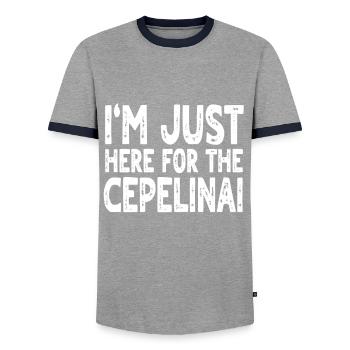 Conception d’amant de Cepelinai - T-shirt contrasté Homme - gris/marine  - Devant - AI Model Female 172 light (172cm) & AI Model Male 178 light (178cm)